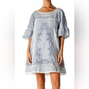 Free People Sunny Day Striped Embroidered Ruffle Trapeze Mini Dress